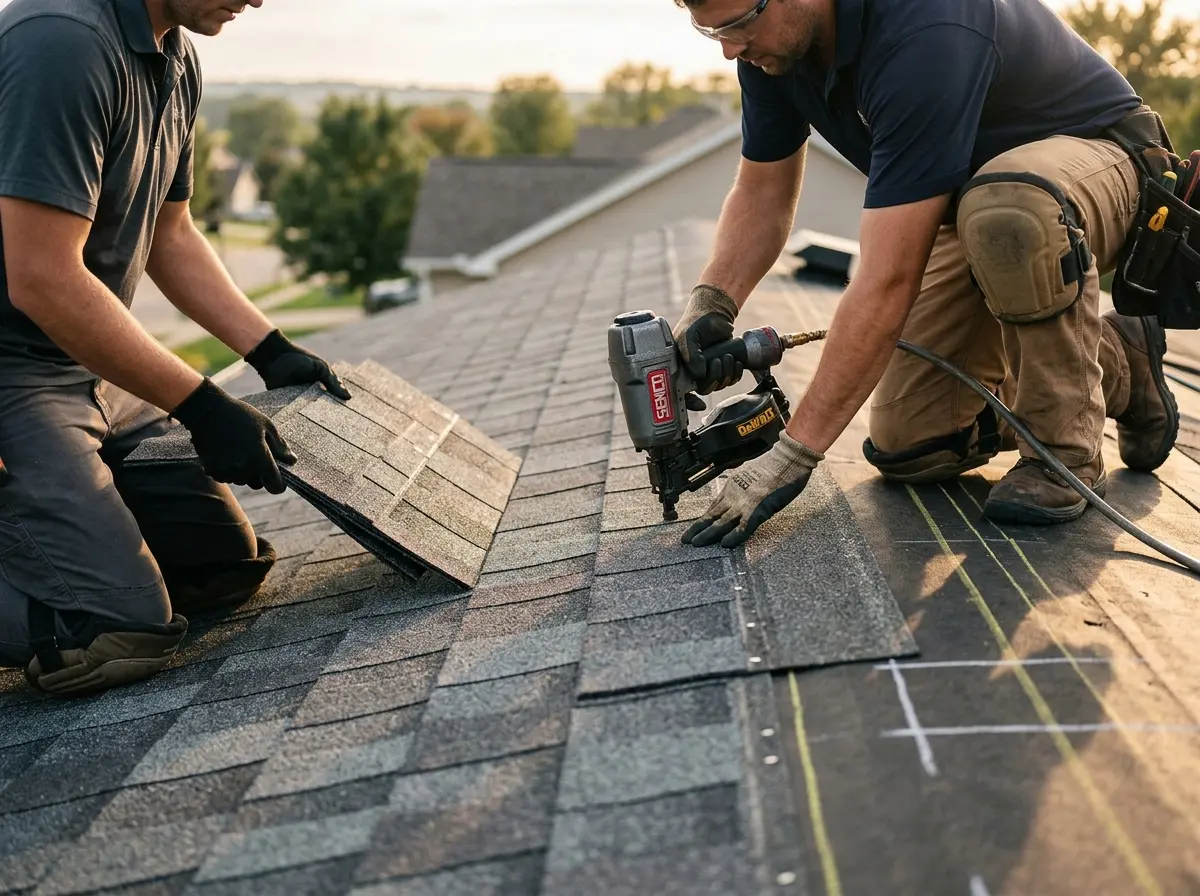 Professional roofer working on a residential roof in Belton